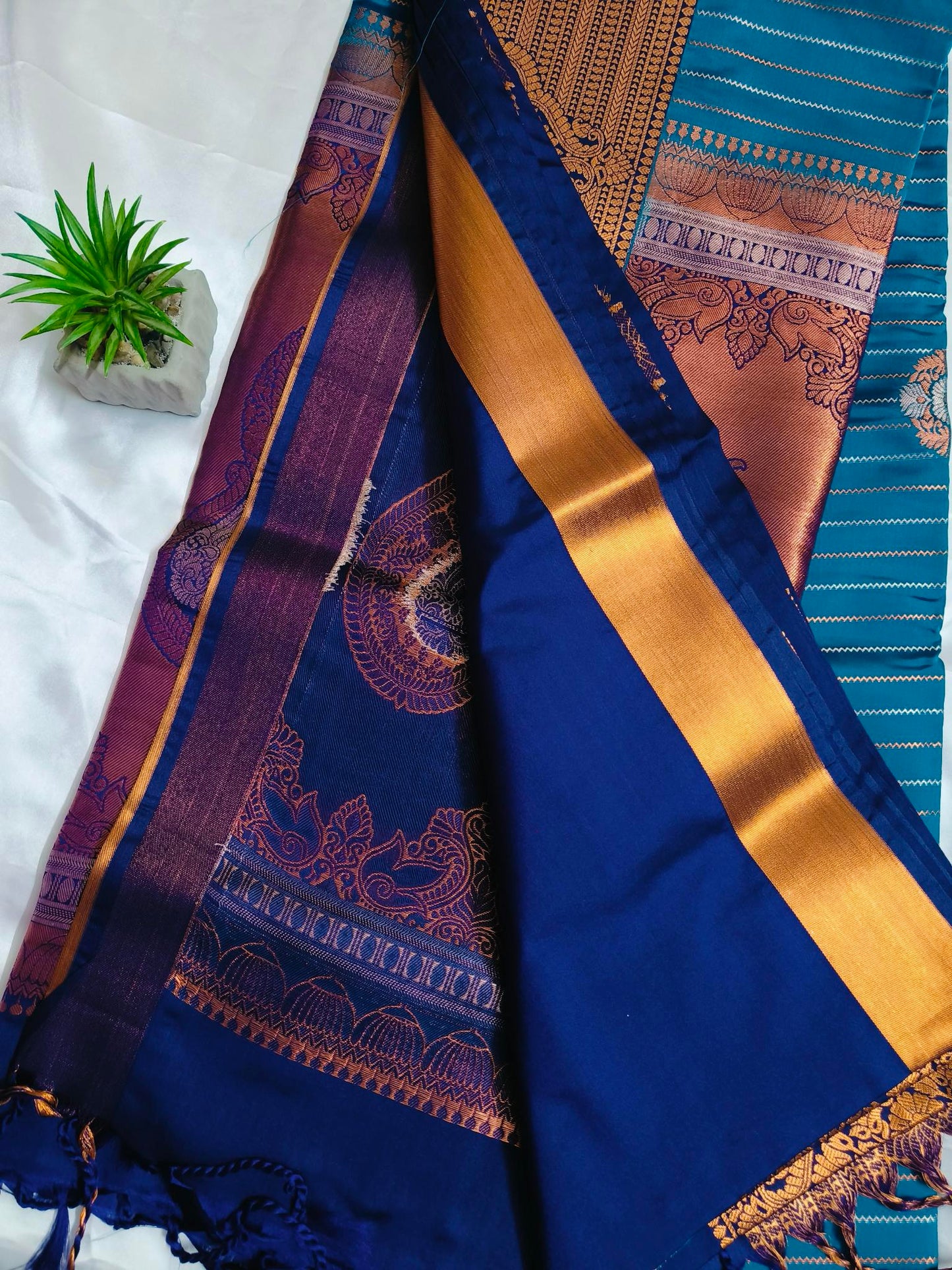 Raspberry Lines Blue Semi Silk Saree
