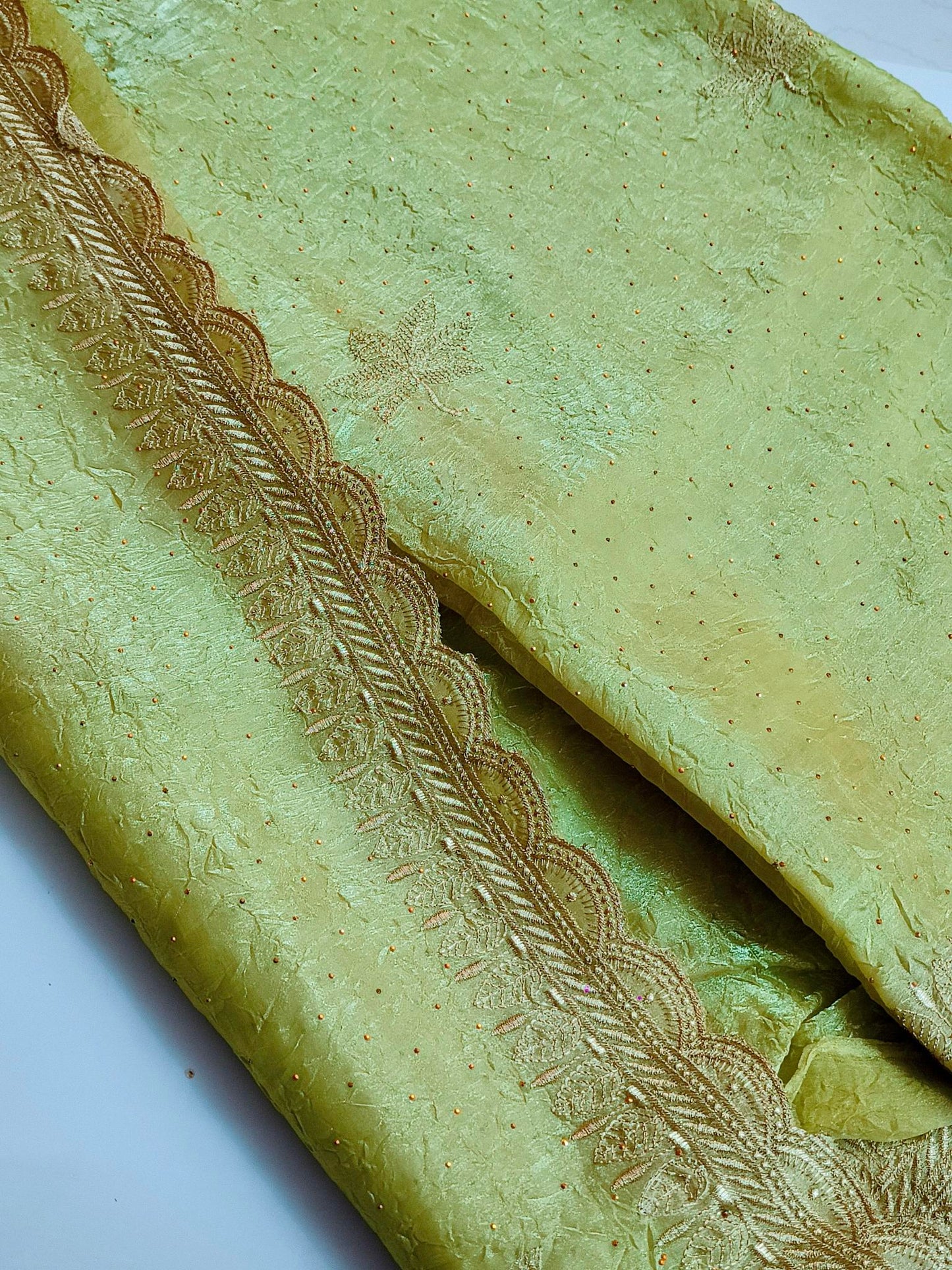 Crushed Organza with Embroidery Work - Pista Green