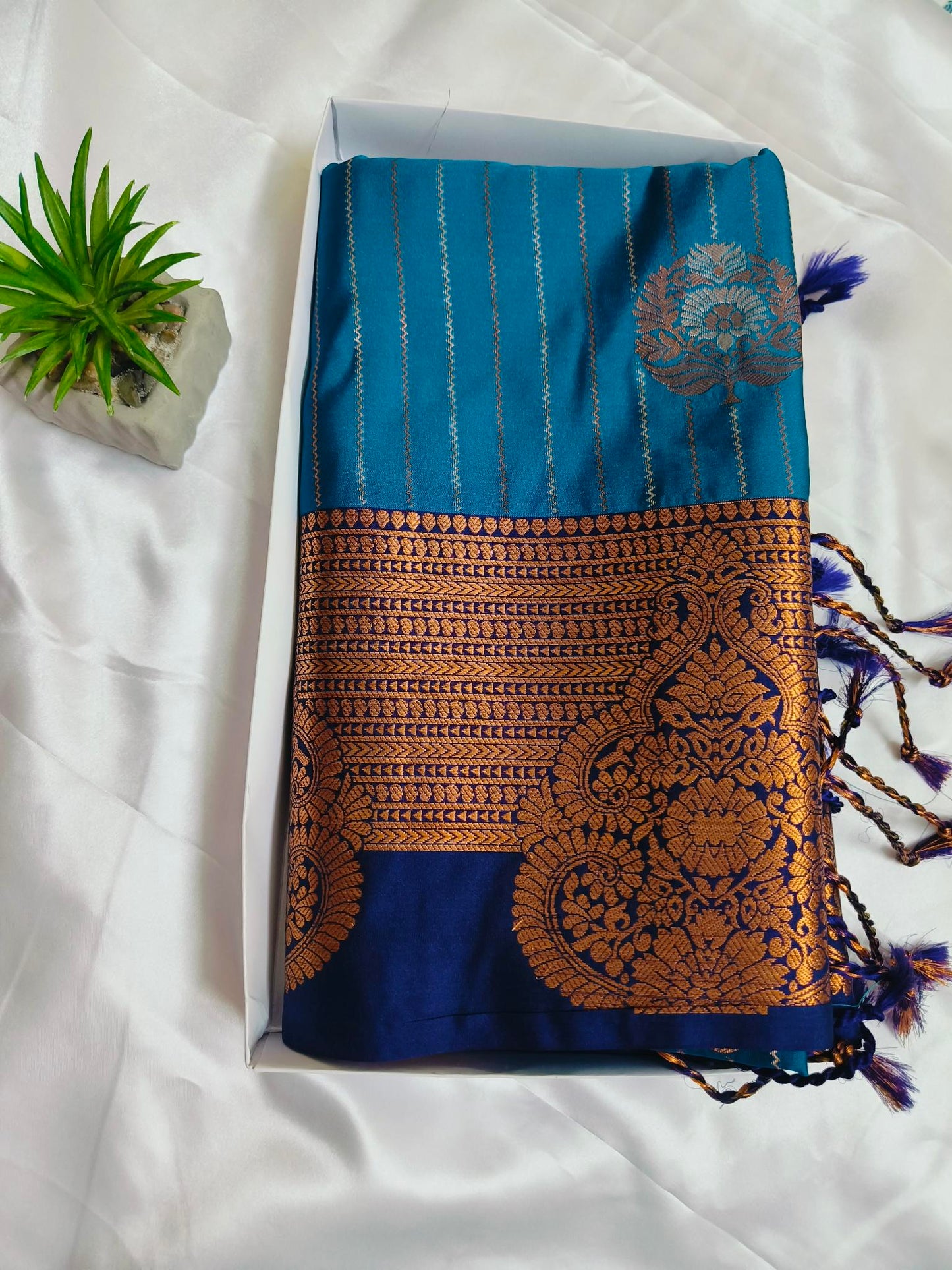 Raspberry Lines Blue Semi Silk Saree