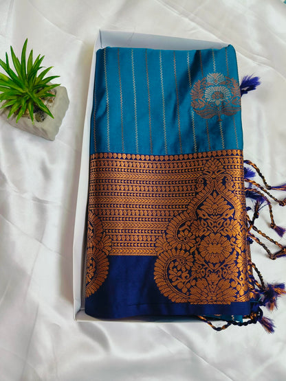 Raspberry Lines Blue Semi Silk Saree