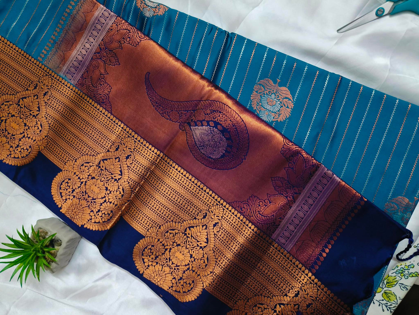 Raspberry Lines Blue Semi Silk Saree