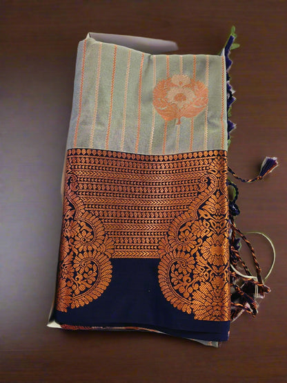 Raspberry Lines Grey Semi Silk Saree