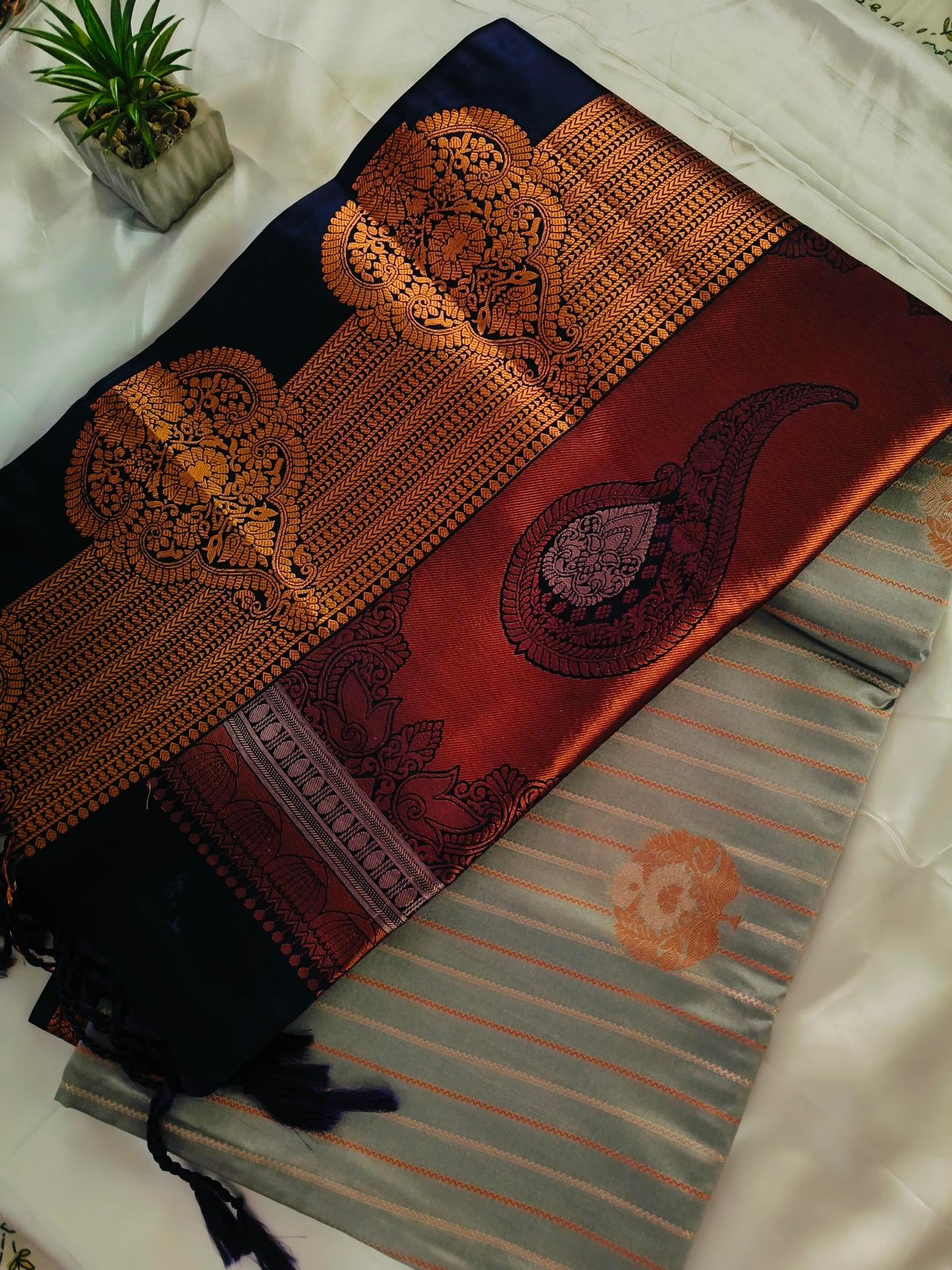 Raspberry Lines Grey Semi Silk Saree