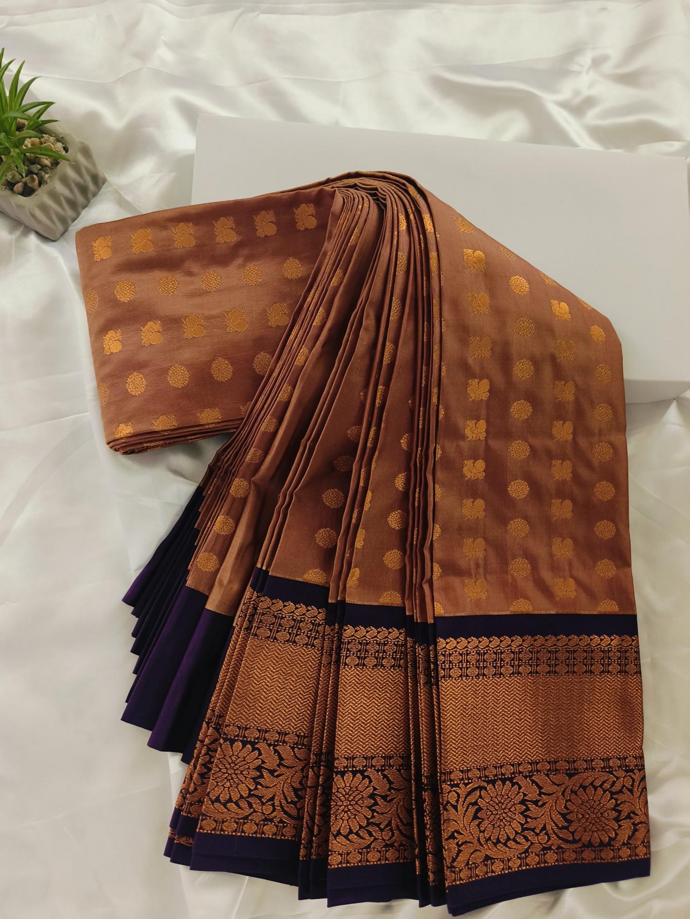 Peacock Border-Semi Silk Rust Brown Saree