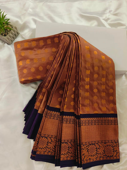 Peacock Border-Semi Silk Rust Brown Saree