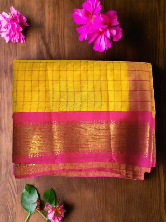 Chit Pallu Yellow Cotton Silk Saree