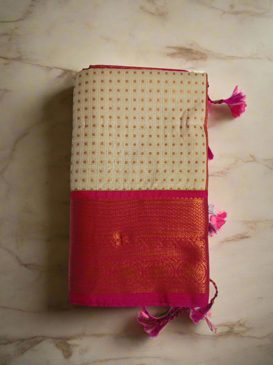 Kattu Lakshya Butta-Soft silk White Saree