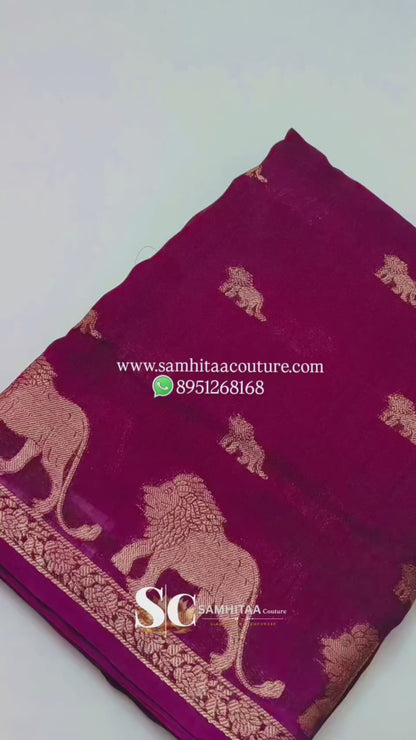 Small Border Animal Work Georgett Onion Pink Saree