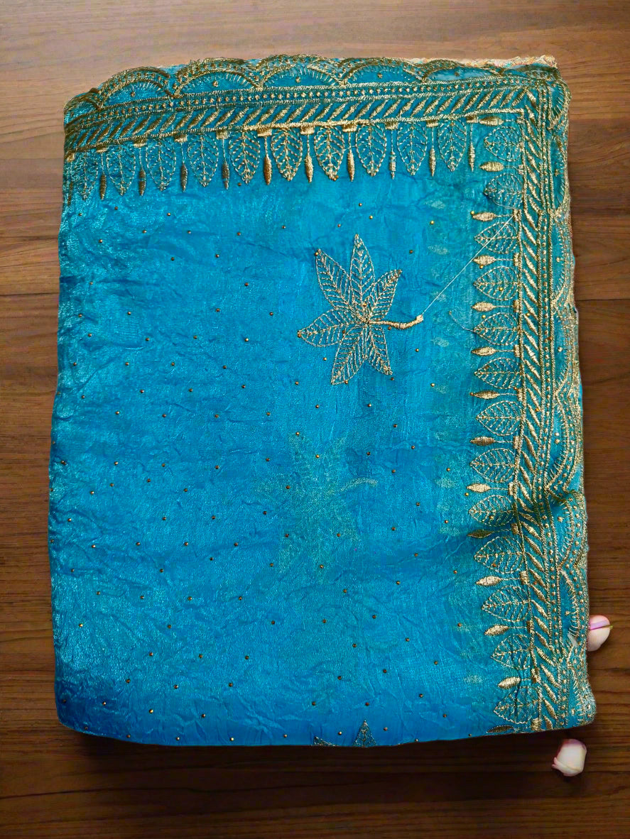 Crushed Organza with Embroidery Work - Sky Blue