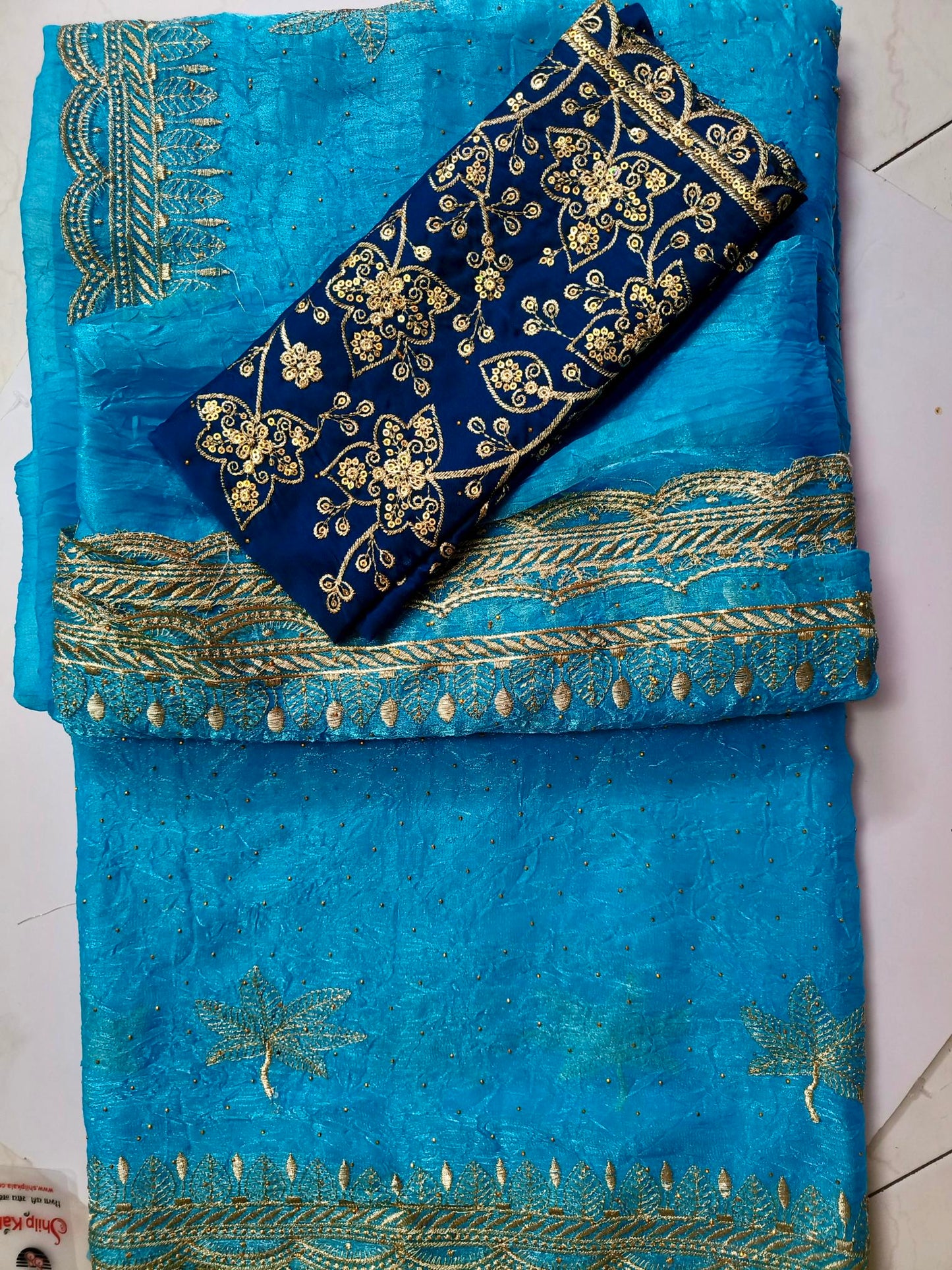 Crushed Organza with Embroidery Work - Sky Blue