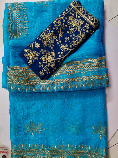 Crushed Organza with Embroidery Work - Sky Blue