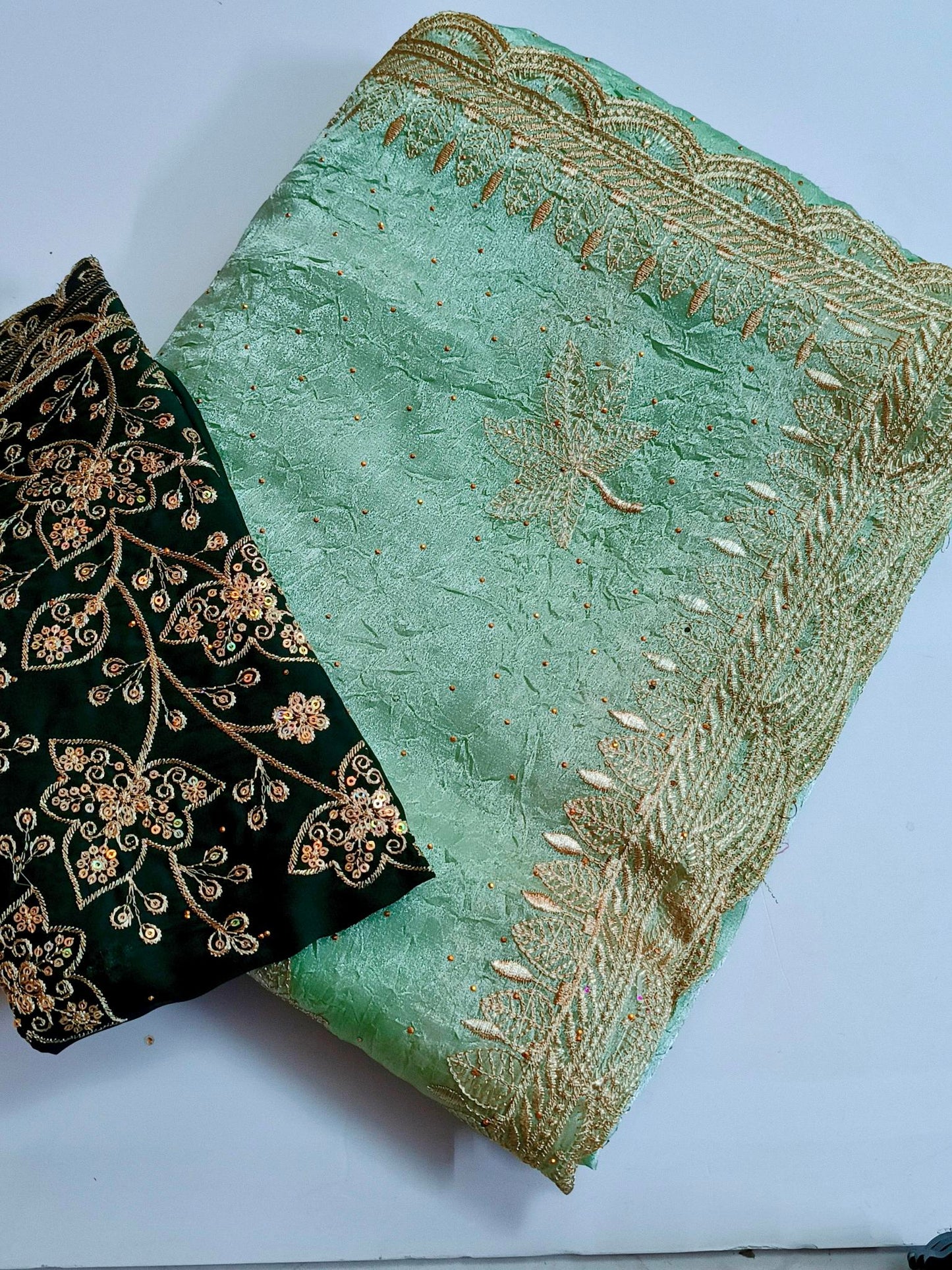 Crushed Organza with Embroidery Work - Teal