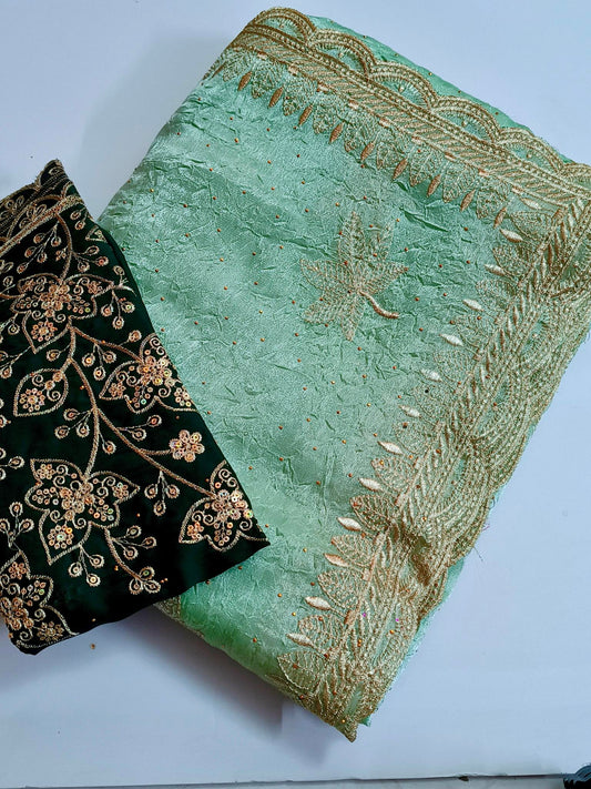 Crushed Organza with Embroidery Work - Teal