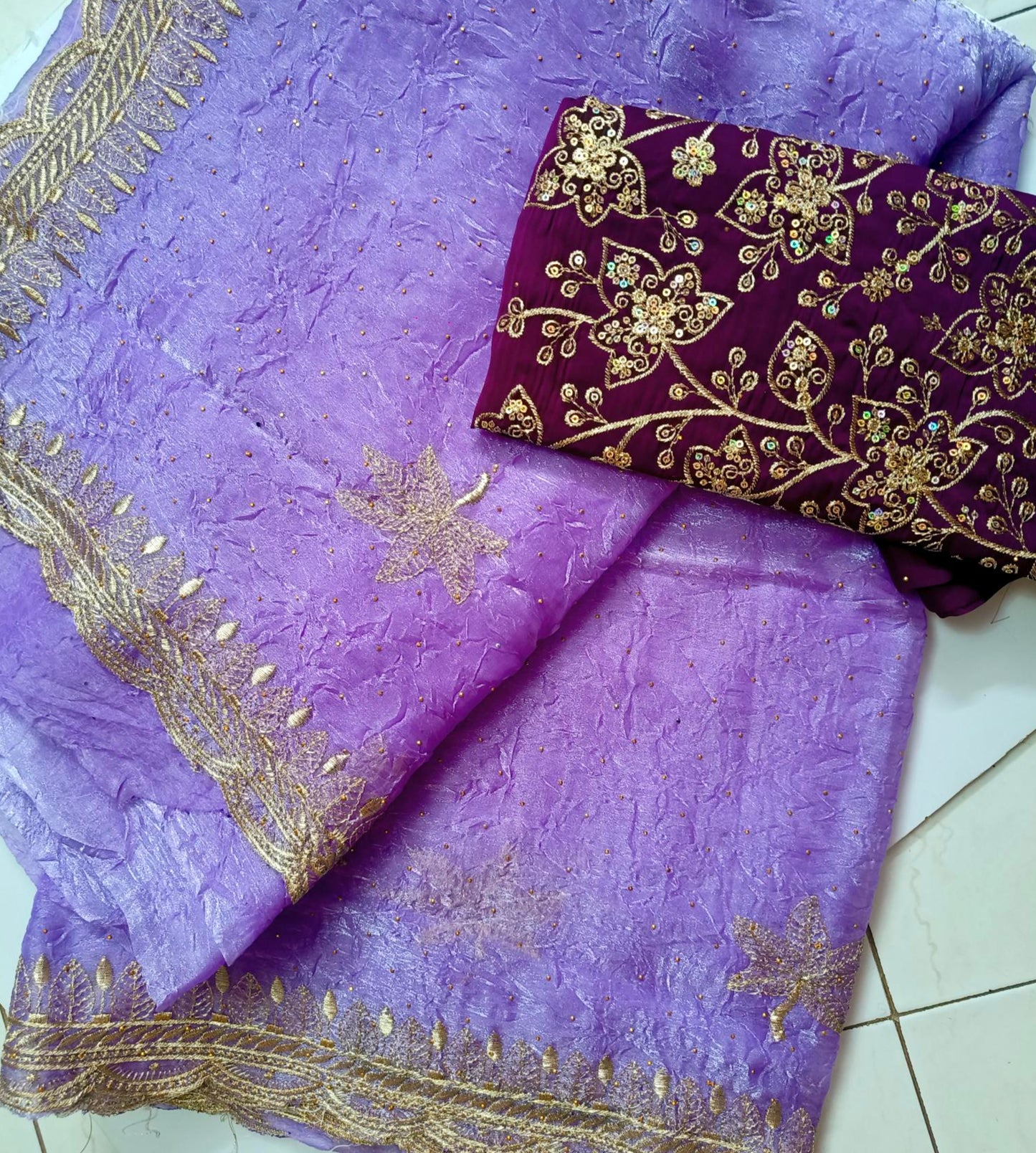 Crushed Organza with Embroidery Work - Lavendar
