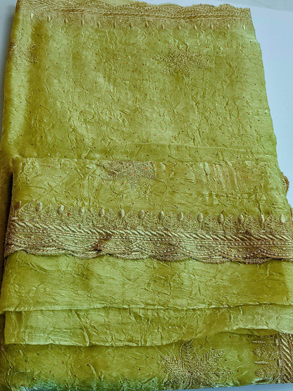 Crushed Organza with Embroidery Work - Pista Green