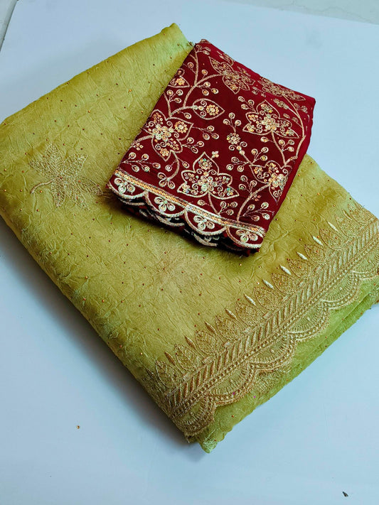 Crushed Organza with Embroidery Work - Pista Green