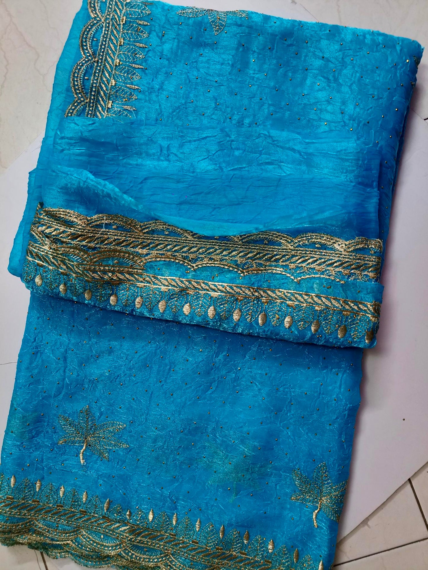 Crushed Organza with Embroidery Work - Sky Blue