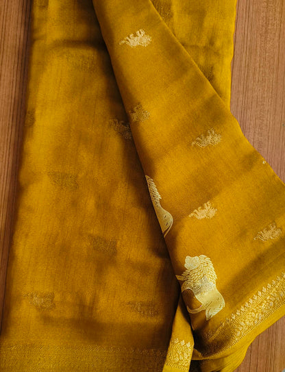 Small Border Animal Work Georgett Yellow Saree