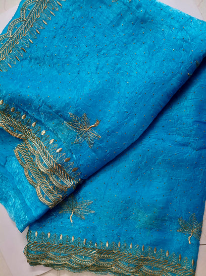 Crushed Organza with Embroidery Work - Sky Blue