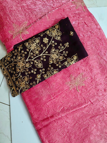 Crushed Organza with Embroidery Work - Peach