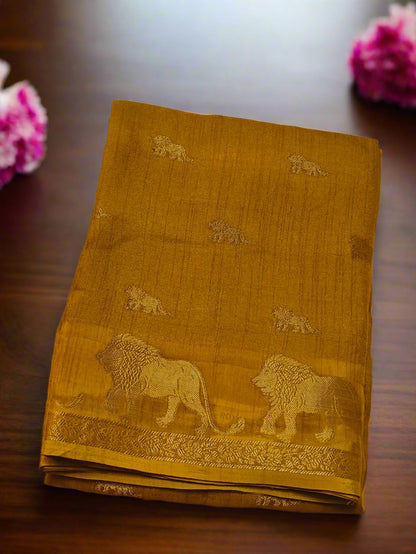 Small Border Animal Work Georgett Yellow Saree