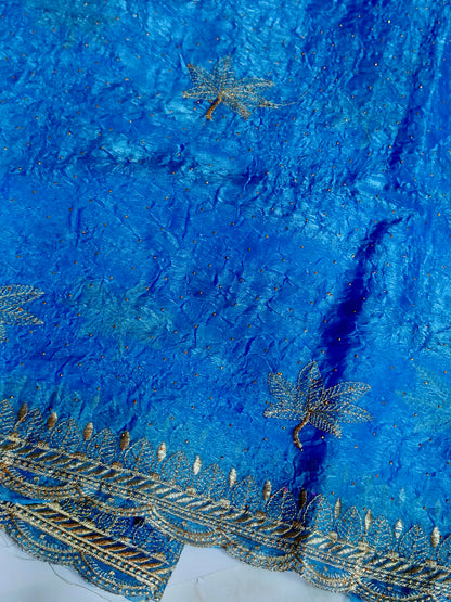 Crushed Organza with Embroidery Work - Blue