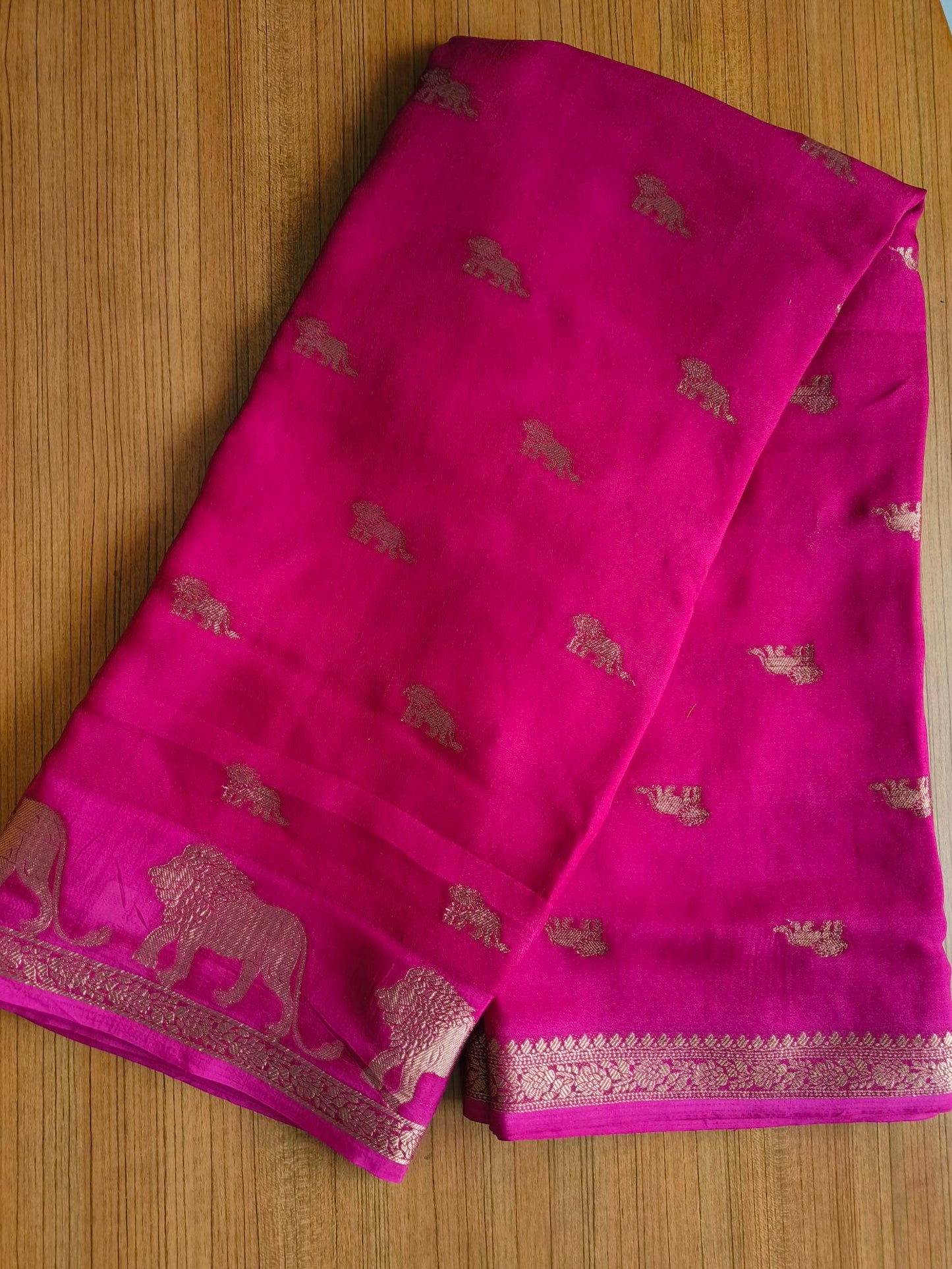 Small Border Animal Work Georgett Pink Saree