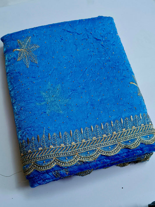 Crushed Organza with Embroidery Work - Blue