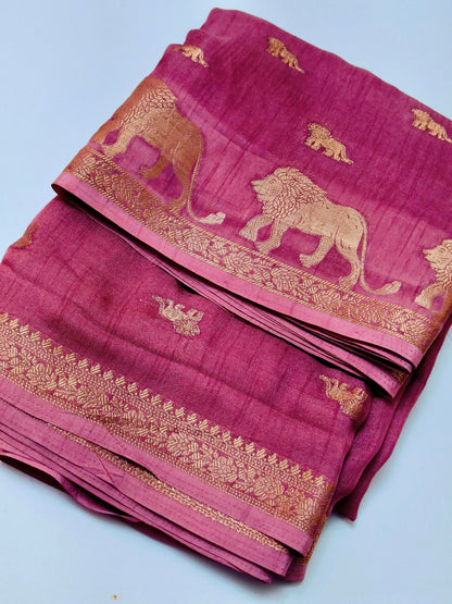 Small Border Animal Work Georgett Onion Pink Saree