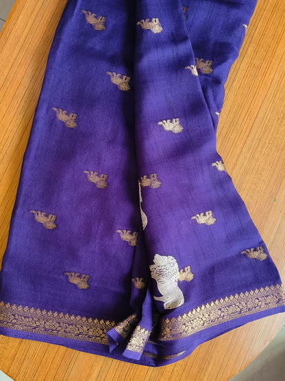 Small Border Animal Work Georgett Royal Blue Saree