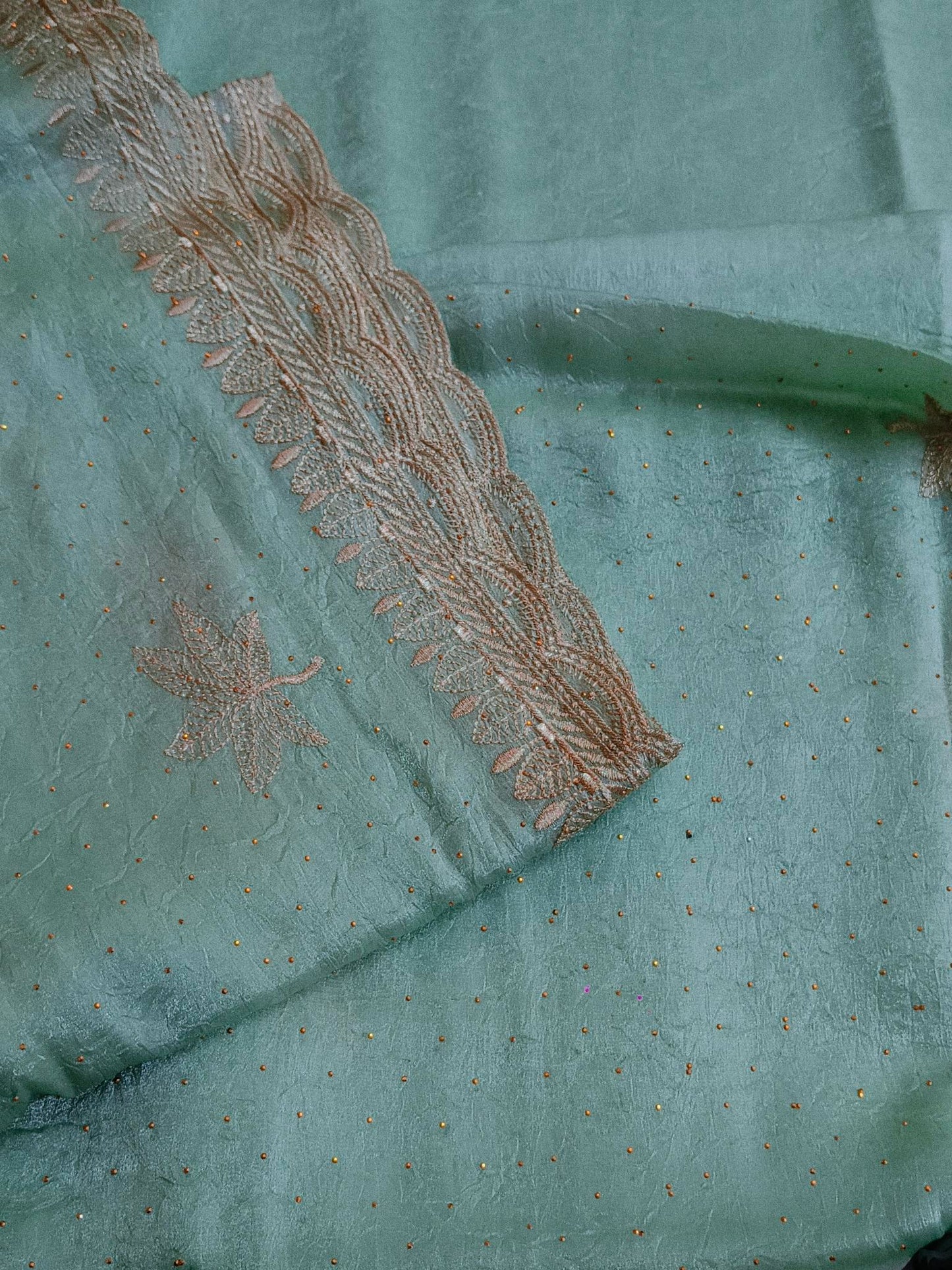 Crushed Organza with Embroidery Work - Teal