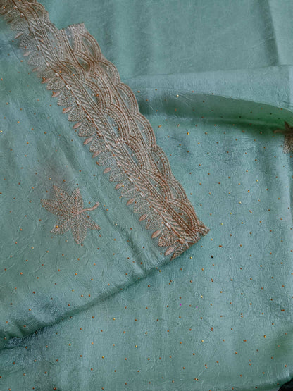 Crushed Organza with Embroidery Work - Teal