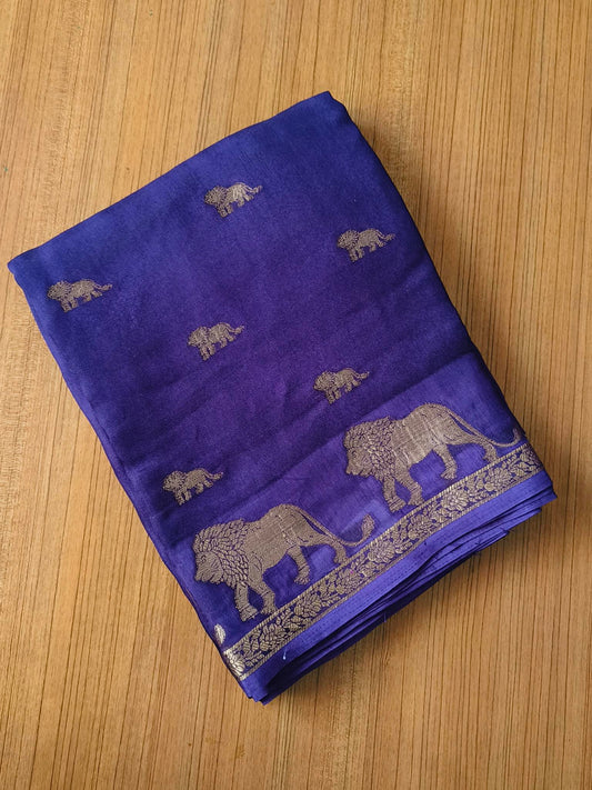 Small Border Animal Work Georgett Royal Blue Saree
