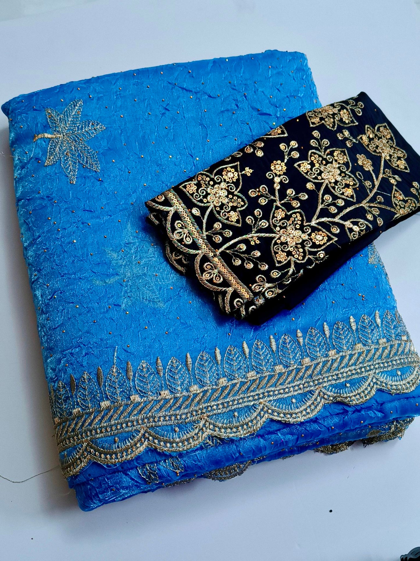 Crushed Organza with Embroidery Work - Blue