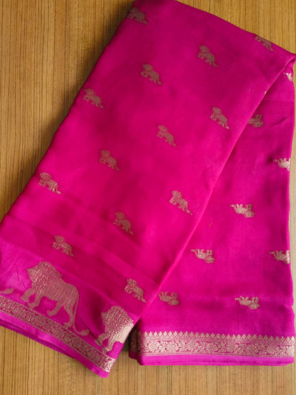 Small Border Animal Work Georgett Pink Saree