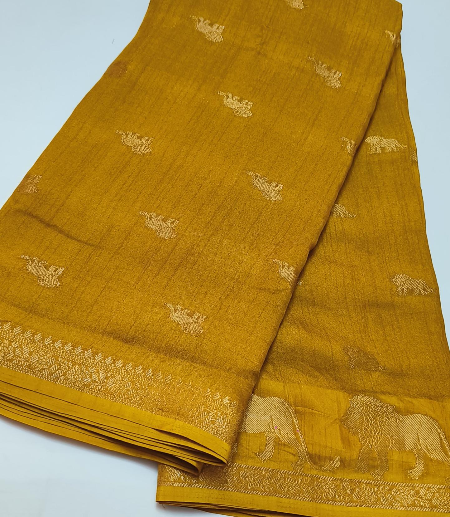 Small Border Animal Work Georgett Yellow Saree