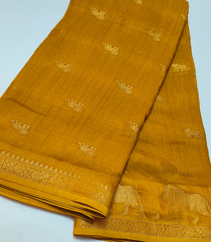 Small Border Animal Work Georgett Yellow Saree