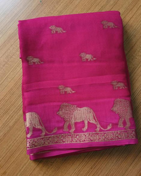 Small Border Animal Work Georgett Pink Saree